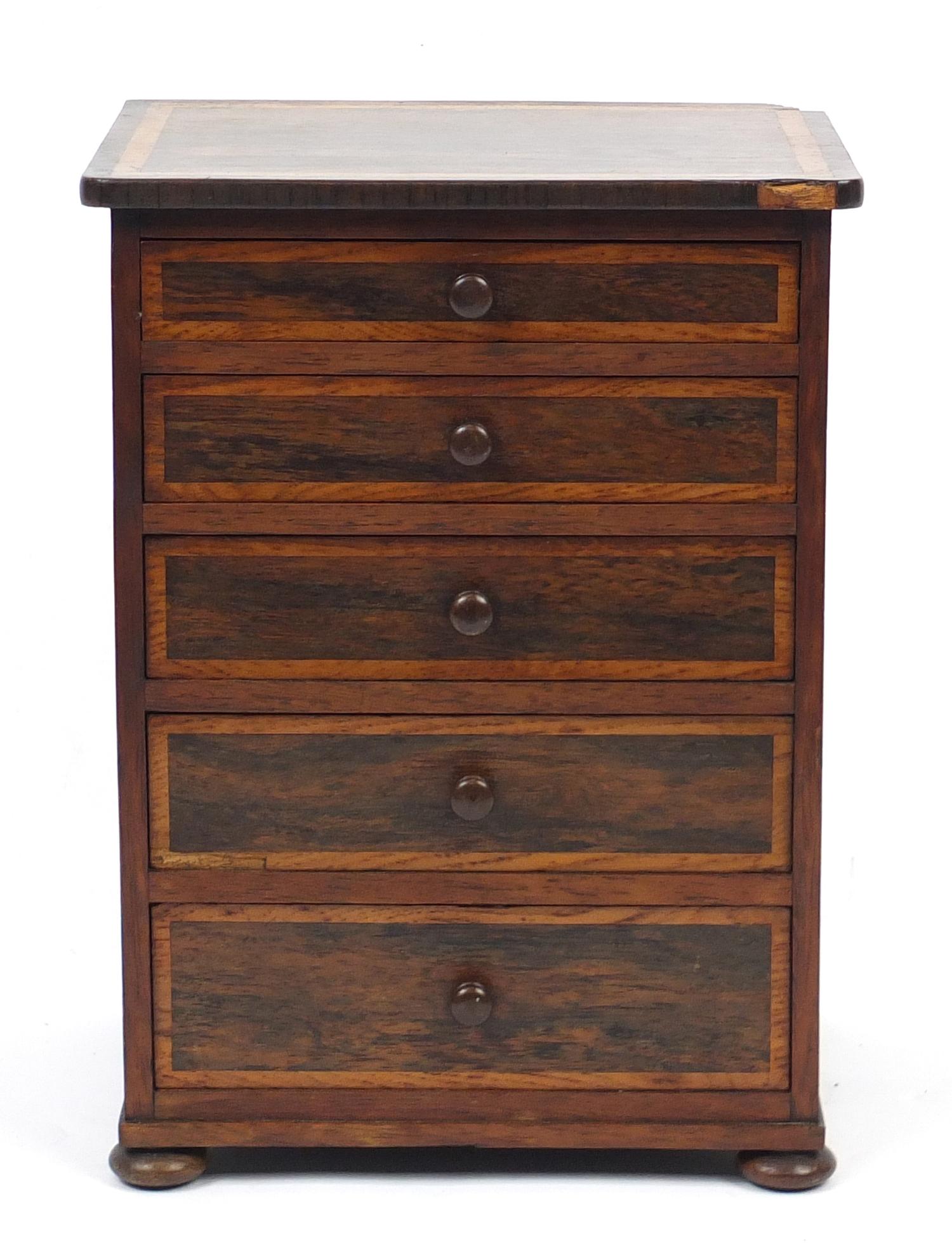 Victorian rosewood five drawer apprentice chest with oak inlay, 37.5cm H x 27.5cm W x 21cm D :For - Image 2 of 5