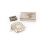 Silver items comprising a snuff box by S Mordan & Co, vesta and stamp case, various hallmarks, the