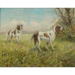 Two springer spaniels in a field, oil on canvas, mounted and framed, 24cm x 19cm :For Further