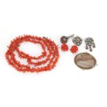 Vintage jewellery including an agate brooch, coral necklace with earrings and micro mosaic