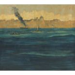 Boats in water before city, impressionist oil on canvas, bearing a indistinct signature possibly D