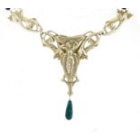 Art Nouveau style silver coloured metal and enamel winged figure pendant with lapis lazuli drop,