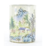 Chinese porcelain cylindrical brush pot, decorated with a river landscape, calligraphy to the