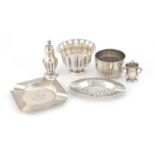 Silver items including two circular bowls, a miniature tig trophy and two ashtrays, various