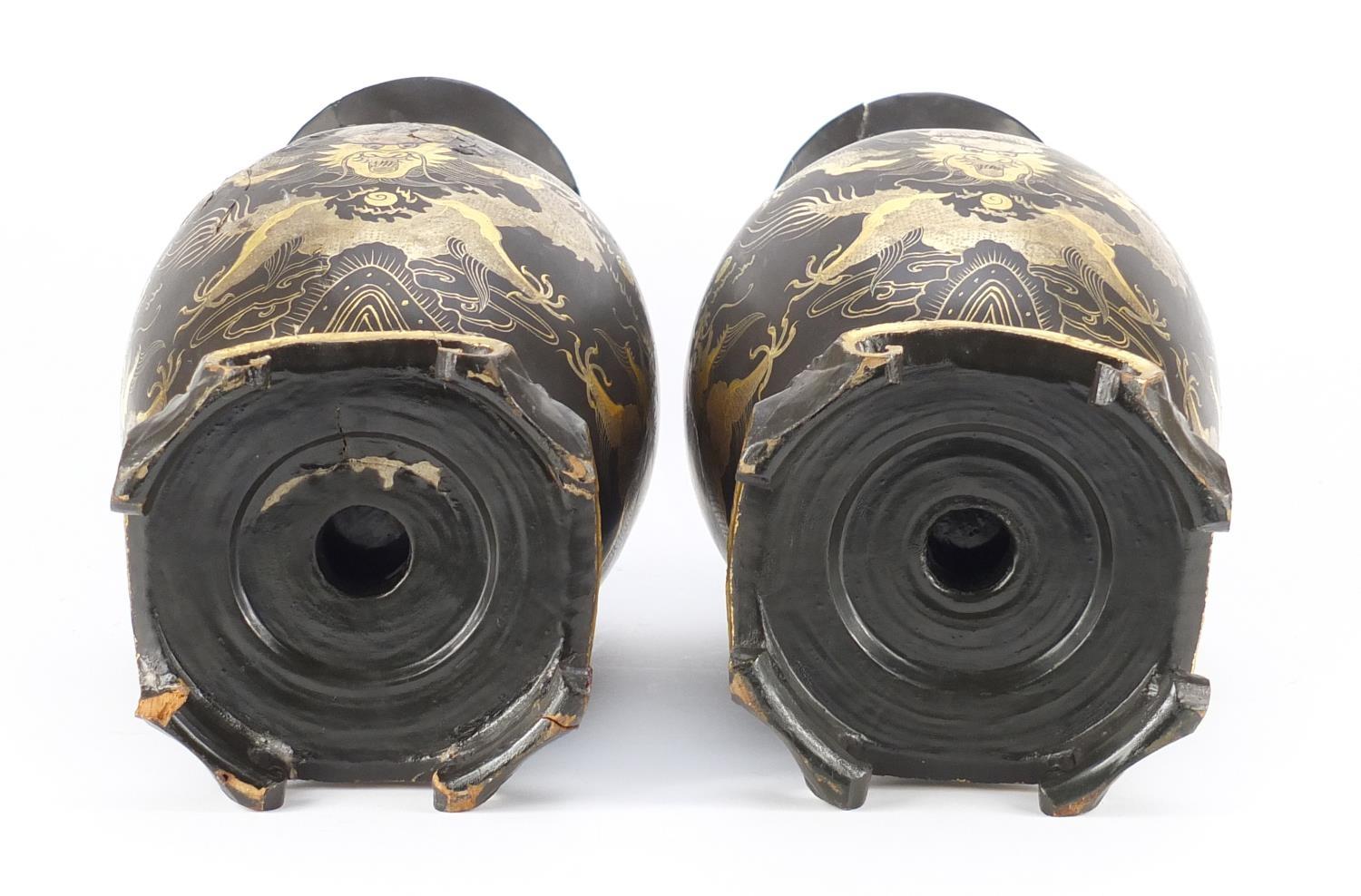 Pair of Chinese papier-mâché vases on stands, both gilded with dragons chasing the flaming pearl, - Image 23 of 23