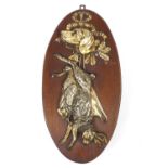 19th century silver plated hunting scene mounted on an oval oak plaque, 56cm x 28cm :For Further