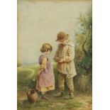 Myles Birket Foster - Two children before a landscape with sheep, 19th century watercolour,