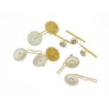 Set of 14ct gold mother of pearl and seed pearl cufflinks, studs and buttons, 16.2g :For Further