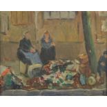 Street sellers, continental school oil on canvas board, bearing a monogram D and inscriptions verso,