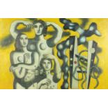Surreal nude figures, oil on board, bearing an inscription verso, F Leger, mounted and framed,