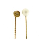 Unmarked gold diamond solitaire tie pin and a pearl tie pin, 4.4g :For Further Condition Reports
