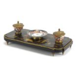 19th century French black lacquer and porcelain chinoiserie desk stand with porcelain inkwells and