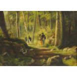 Figures in the woods, oil on board, bearing a signature H Dahl, framed, 50cm x 37cm :For Further