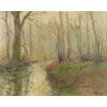 Theodore Feucht - Stream through woodland, oil on board, inscribed verso, framed 44.5cm x 35.5cm :