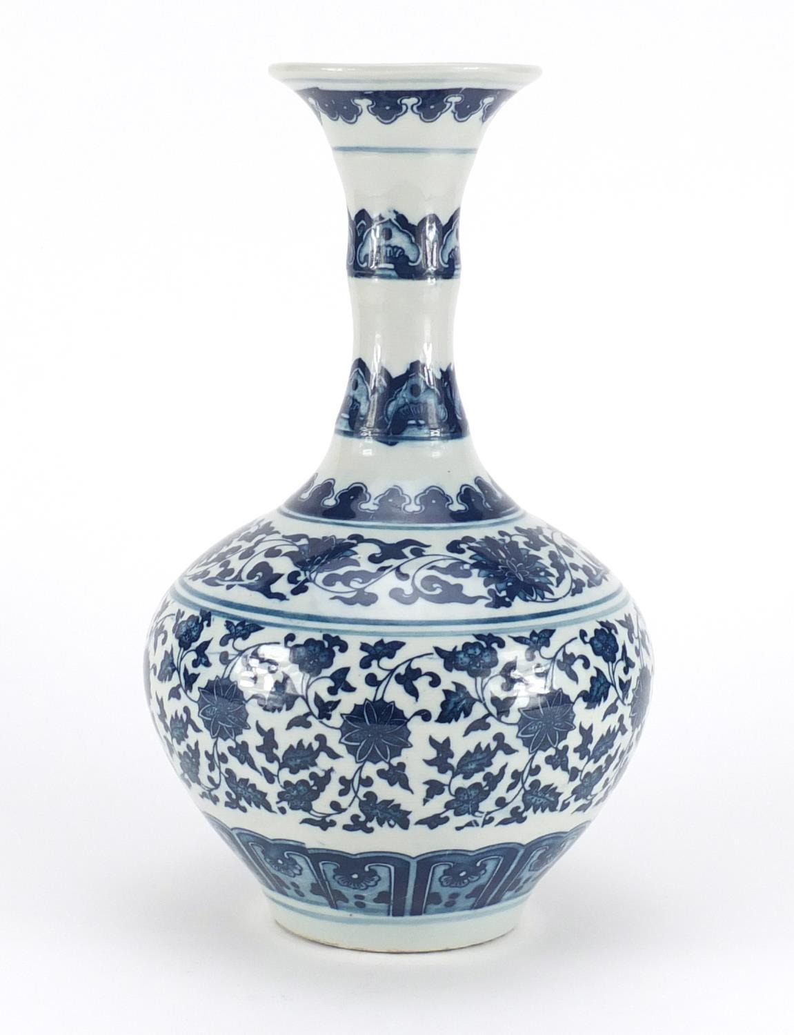 Chinese blue and white porcelain vase, decorated with flowers and foliage, six figure character