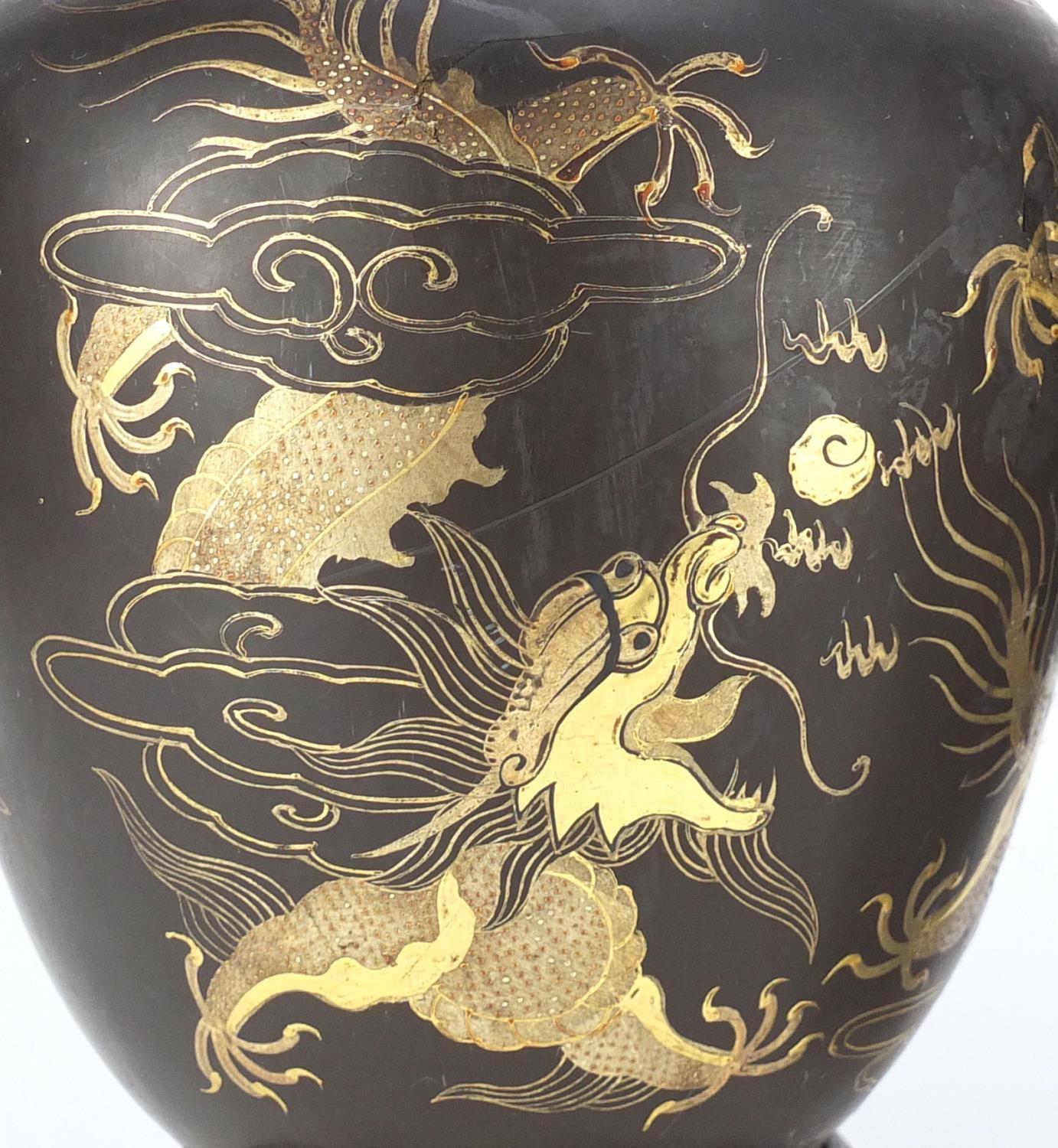 Pair of Chinese papier-mâché vases on stands, both gilded with dragons chasing the flaming pearl, - Image 11 of 23