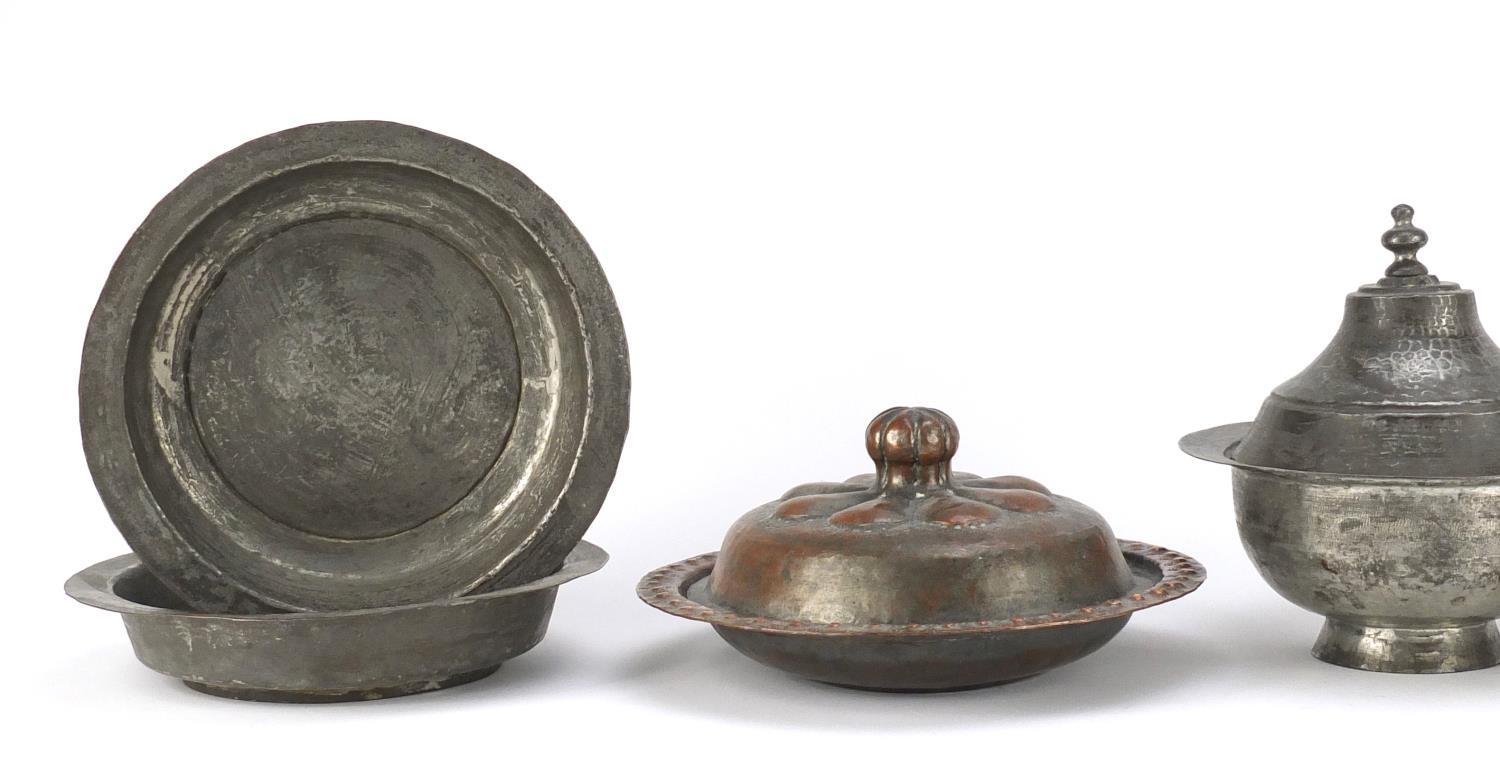 Group of Ottoman metalware including bowls and three pots with covers, the largest 17cm high :For - Image 2 of 5