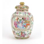 Chinese Canton porcelain vase and cover, finely hand painted in the famille rose palette with panels