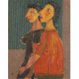 Two figures, modernist oil on board, bearing an indistinct monogram possibly OM, mounted and framed,