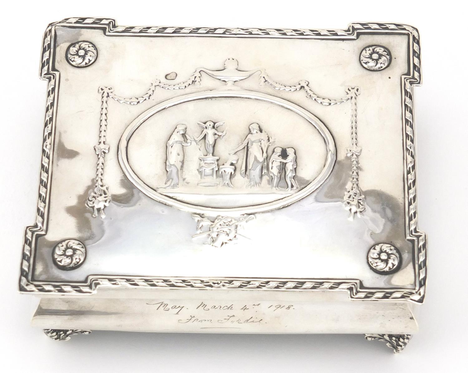 Rectangular silver jewel box by William Comyns, the hinged lid embossed with maidens, putti, swags - Image 4 of 8