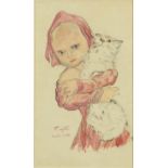 Manner of Leonard Tsuguharu Foujita - Portrait of a girl holding a cat, watercolour, inscribed Paris