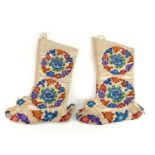 Pair of Chinese silk shoes embroidered with flowers, each 36cm high :For Further Condition Reports