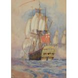 Gregory Robinson - HMS Victory at Trafalgar, 19th century watercolour, mounted and framed, 36cm x