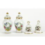 Pair of Herend of Hungary vases and bells hand painted with flowers and butterflies, the vases