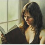 Tina Spratt - Female reading by a window, oil on canvas, unframed, 40.5cm x 40.5cm :For Further