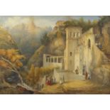 James Bridges - Continental ruins with monks and people, early 19th century watercolour, details
