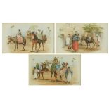 Frederich Hancock - Arabs with camels and a donkey, three 19th century watercolours, mounted and