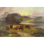 Henry Cooper 1903 - Highland cattle beside a river, oil on canvas, framed, 71.5cm x 49cm :For