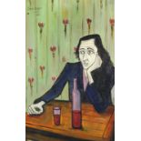 Manner of Bernard Buffet - Figure at a table in an interior, oil on board, framed, 69cm x 44cm :