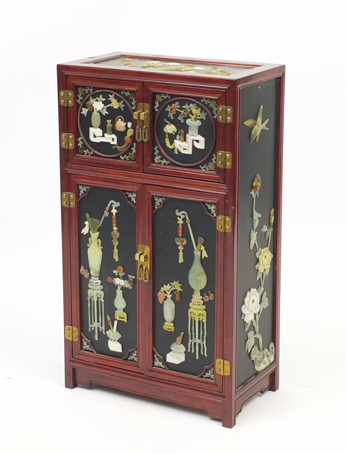 Chinese lacquer and hardstone side cabinet decorated with vases and flowers, 71cm H x 41cm W x