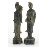 Pair of Chinese green hardstone carvings of Guanyin, the largest 29cm high :For Further Condition