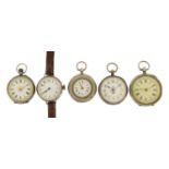 Four ladies silver open face pocket watch and a wristwatch, the largest 4cm in diameter :For Further