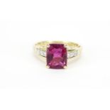 14ct gold pink stone ring with diamond shoulders, stamped Thailand to the band, size N, 3.7g :For