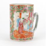Chinese Canton porcelain tankard, hand panted in the famille rose palette with figures, birds,