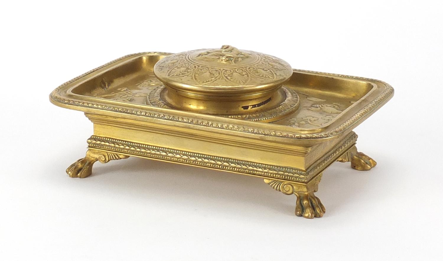 19th century French Ormolu desk inkwell with blue glass liner by Ferdinard by Barbedienne