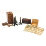 Scientific instruments comprising student microscopic slides, some prepared by Newton Co, Beck of