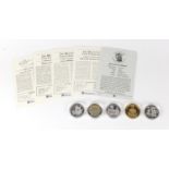 Five silver proof coins with certificates comprising Turks and Caicos, Flight of Mohammed, Jersey