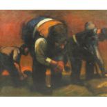 Three farmers, oil on board, bearing a monogram JH and inscription verso, framed, 60cm x 49.5cm :For