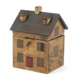 Hand painted carved wooden house design box with hinged lid, 22.5cm high :For Further Condition