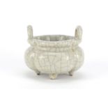 Chinese Ge Ware four footed censer with twin handles, six figure Qianlong character marks to the