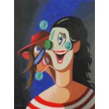 Manner of George Condo - Abstract composition, two surreal figures, gouache, mounted and framed,