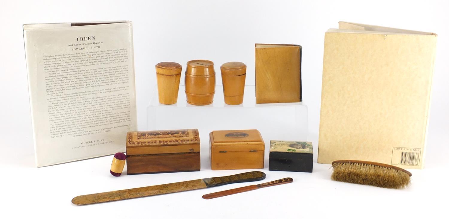 Woodenware and reference books including Mauchline Ware pin cushion, Tunbridge Ware letter opener - Image 8 of 10