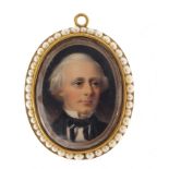 Georgian hand painted portrait miniature of a young gentleman, housed in a gold coloured metal