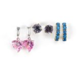 Three pairs of 9ct gold earrings set with semi precious stones including pink love hearts, the