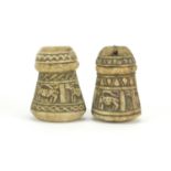 Two Islamic stone pots with covers carved with animals, the largest 11cm high :For Further Condition