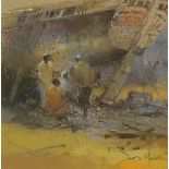 David Howell - Works Meeting, Dubai repair yard, signed pastel, inscribed At the Mall galleries